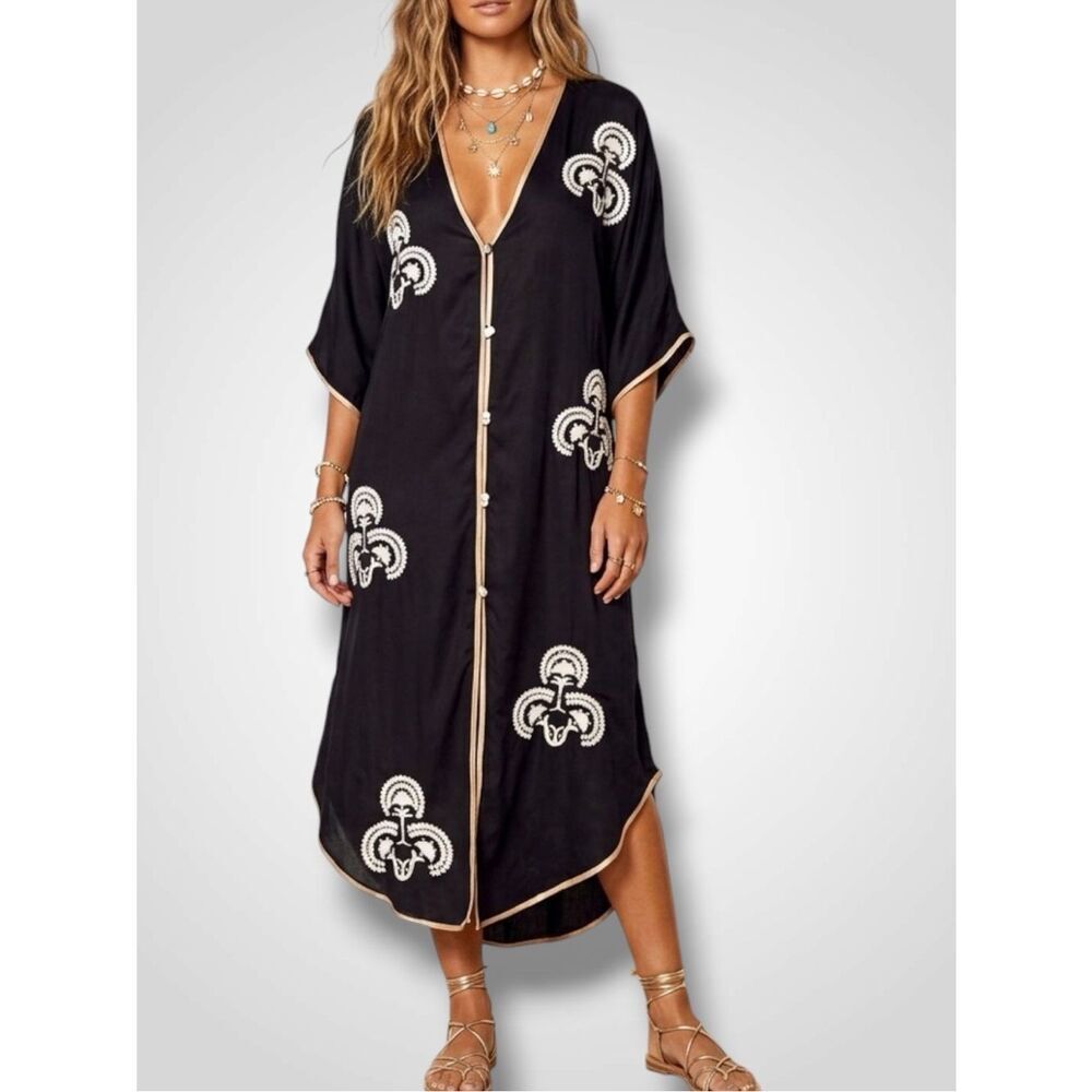 Black Moroccan Button Up Long Kaftan Robe  OS NWT